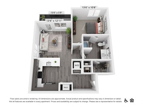 Floor plan for 1 bed, 1 bath, 778 sqft